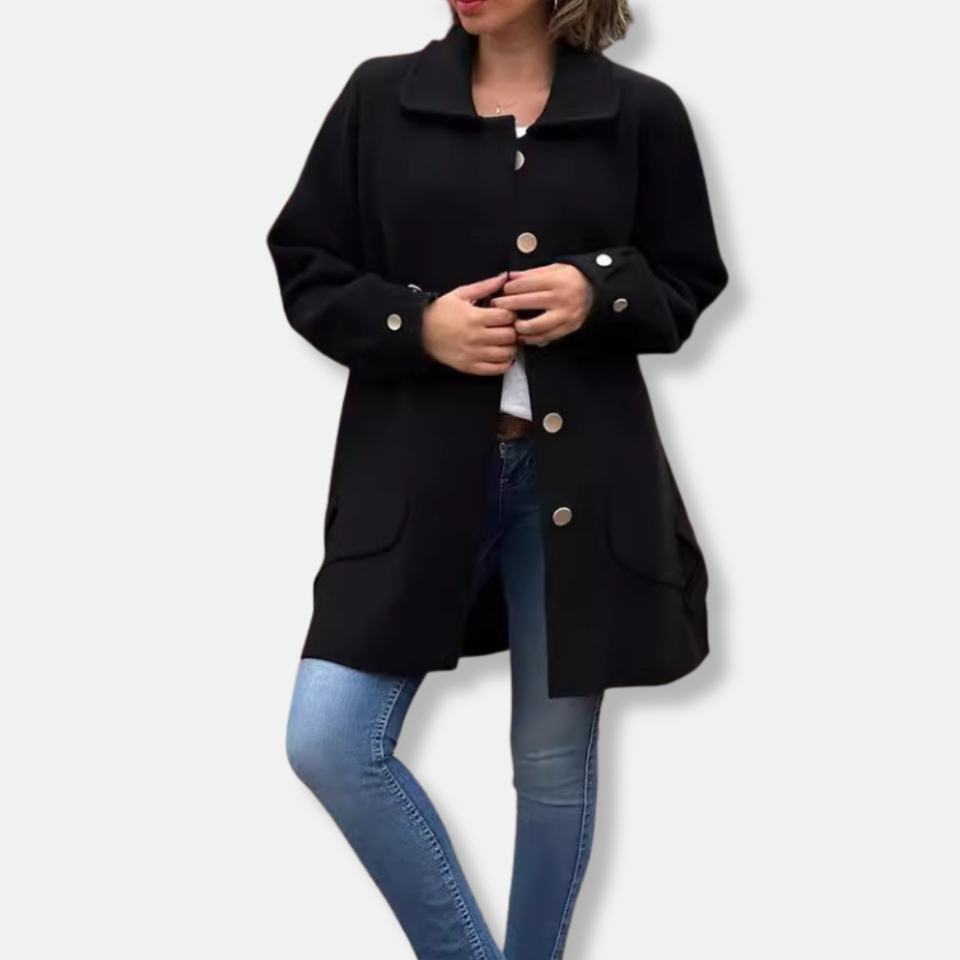 Women’s Long Coat – Relaxed Fit – Wool Blend – Single-Breasted with Notched Collar