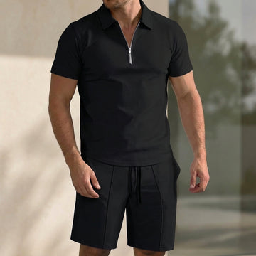 Giovanni Relaxed Knit Polo and Drawstring Shorts Set with Zipper Placket