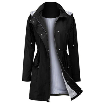 Stylish women’s waterproof coat with hooded collar and long sleeves