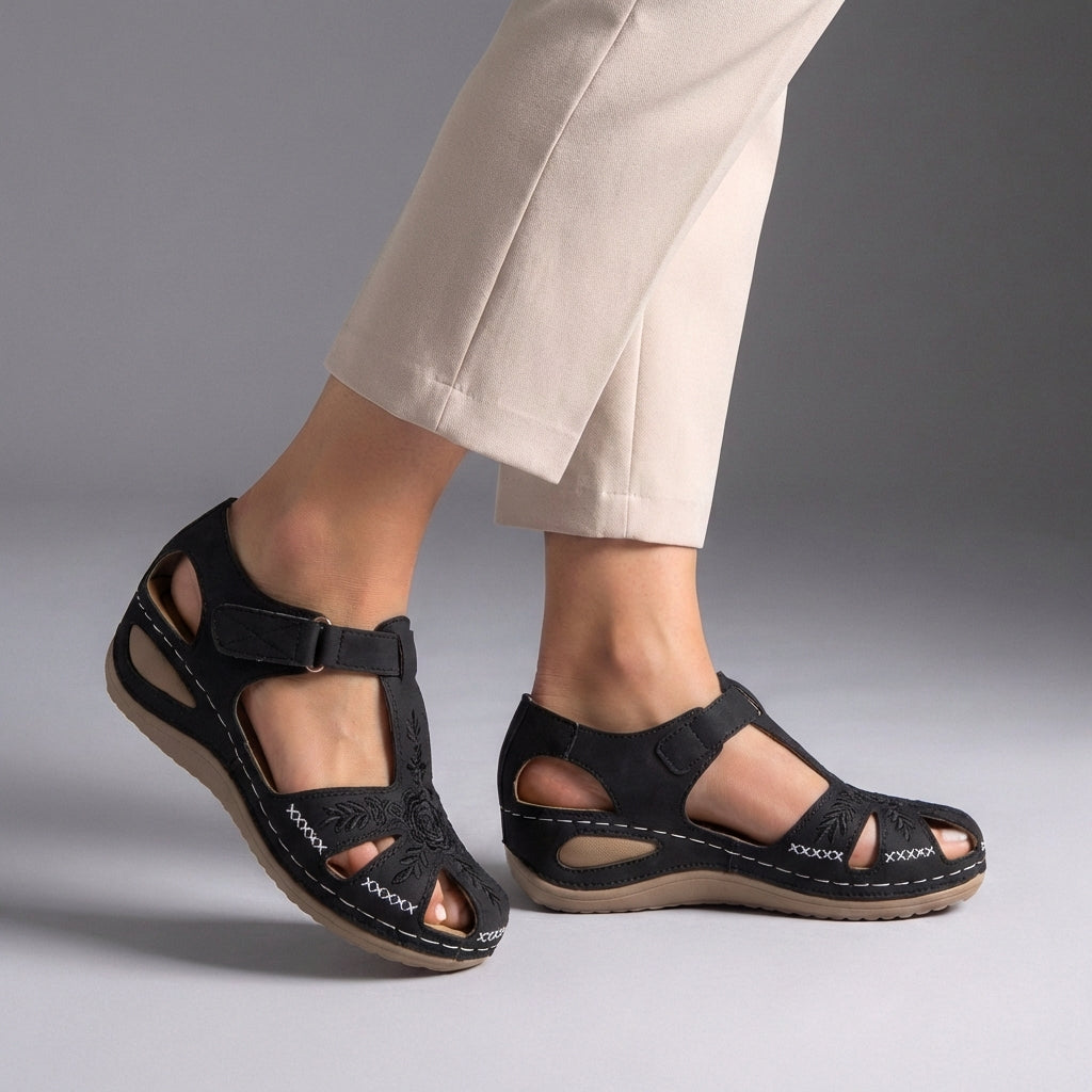 Embroidered Low Wedge Comfort Sandals with Arch Support and Cut-Out Design