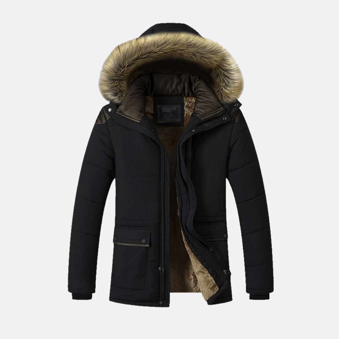 Men’s Parka Jacket – Quilted Fit – Faux Fur Lining – Detachable Hood – Hip Length
