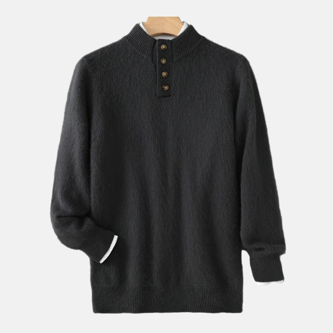 Men’s Sweater - Fine Knit - Regular Fit - Mock Neck - Button Placket
