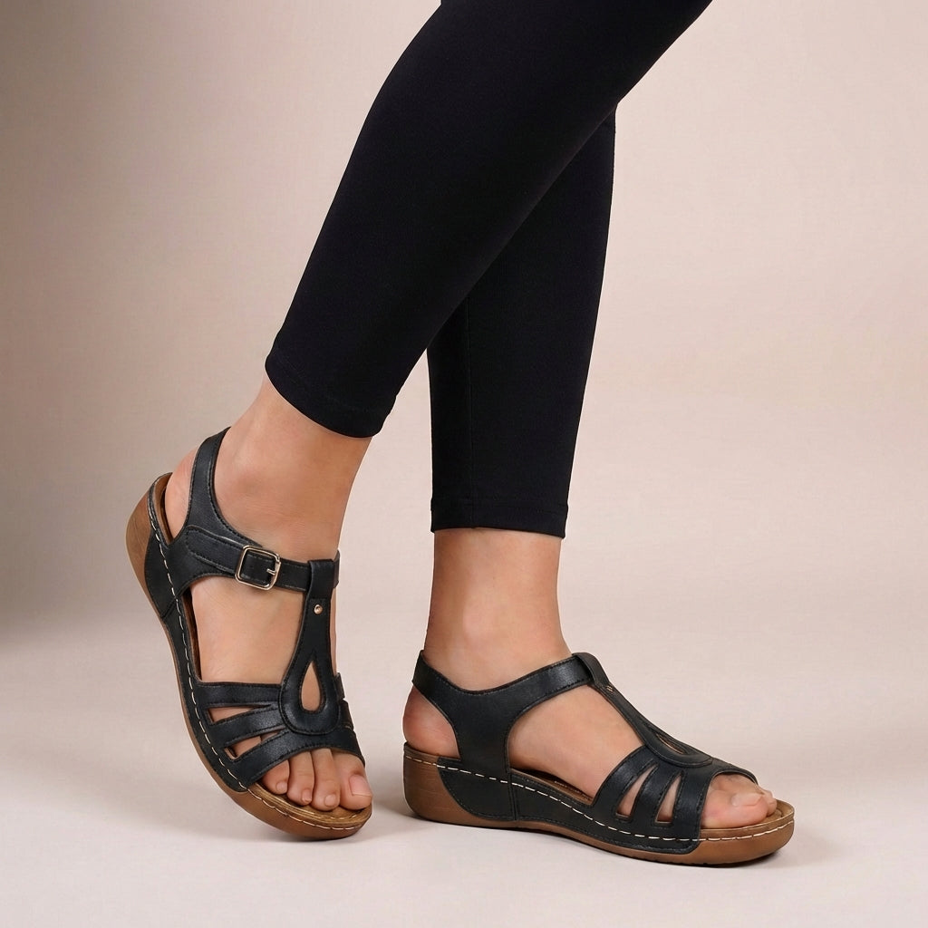Fitted T-Strap Flat Sandals with Buckle and Wedge Sole