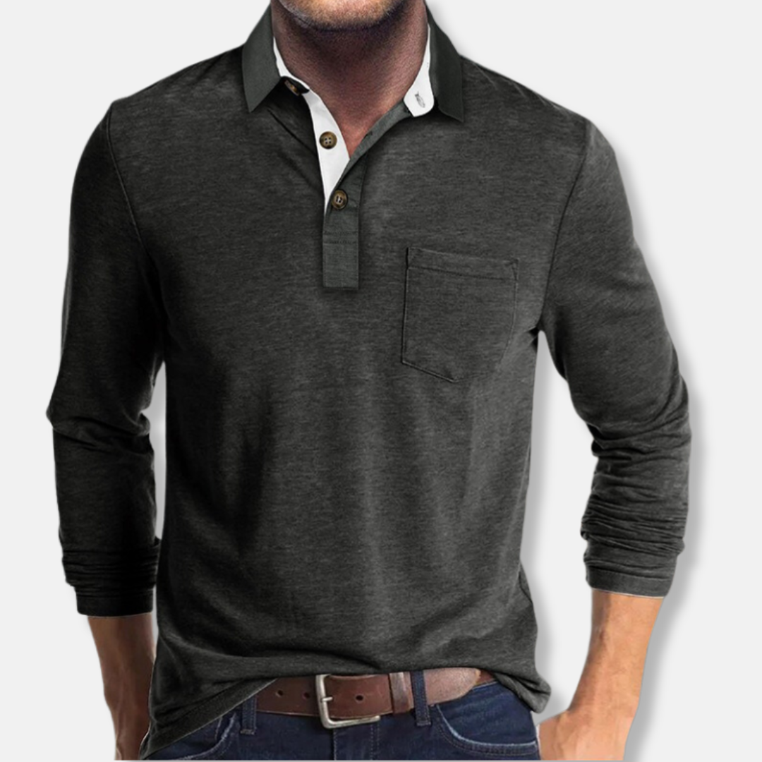 Men’s Polo Shirt – Slim Fit – Cotton Blend – Long Sleeve – Contrast Collar – Pocket