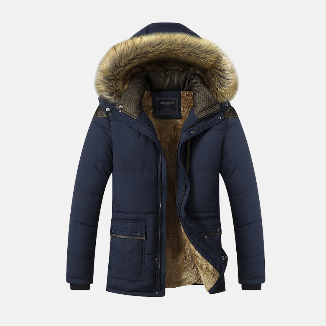 Men’s Parka Jacket – Quilted Fit – Faux Fur Lining – Detachable Hood – Hip Length