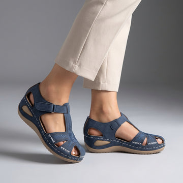 Embroidered Low Wedge Comfort Sandals with Arch Support and Cut-Out Design