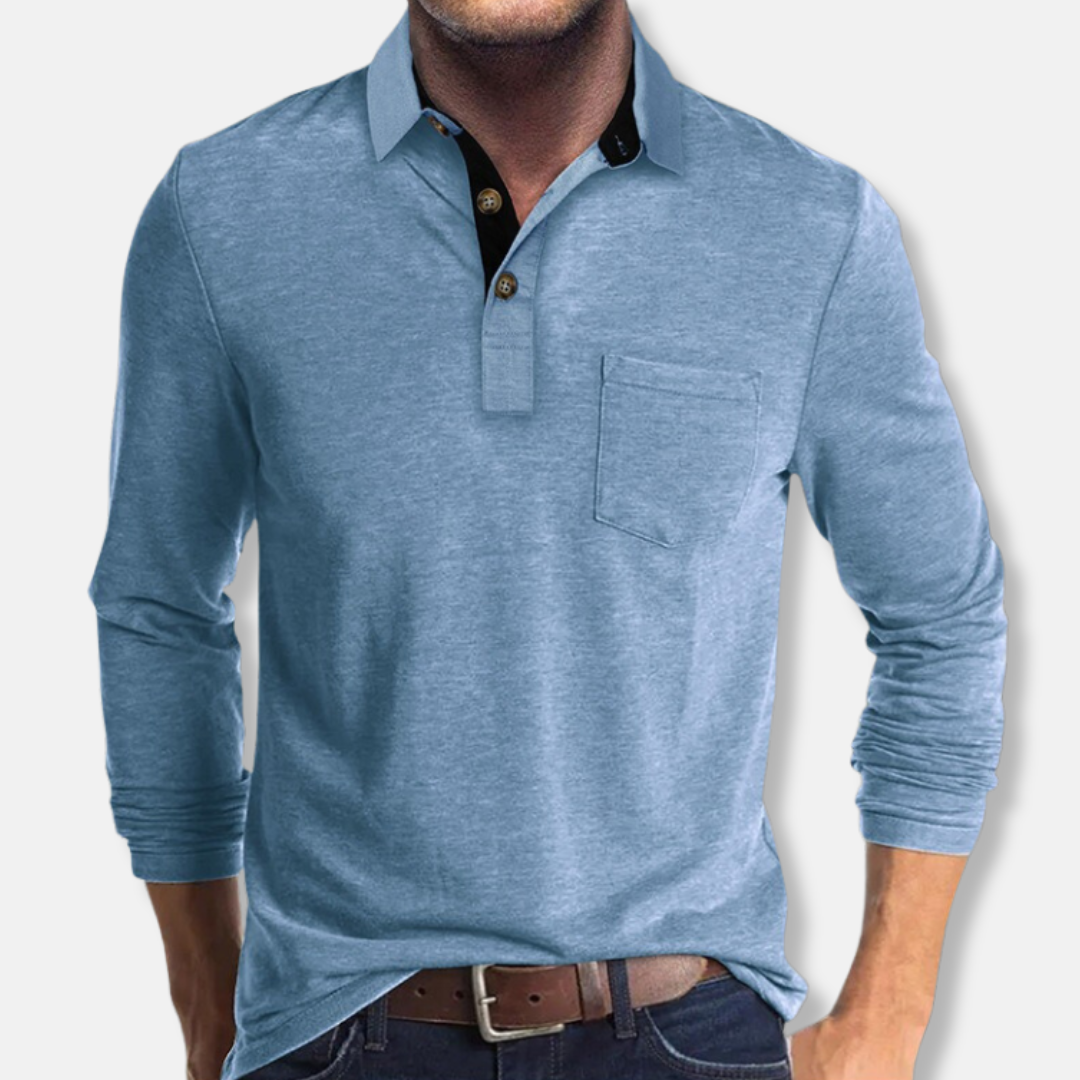 Men’s Polo Shirt – Slim Fit – Cotton Blend – Long Sleeve – Contrast Collar – Pocket