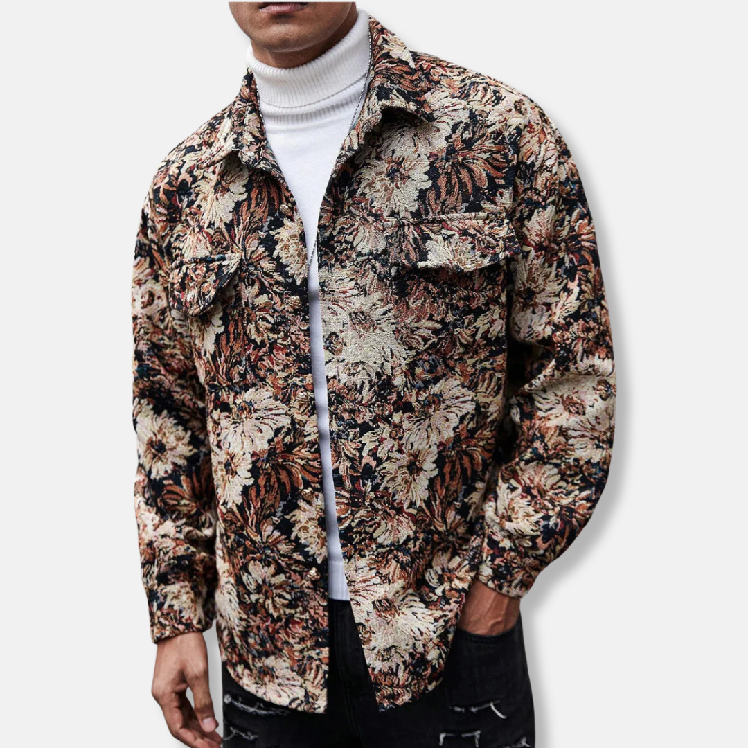 Men’s Jacket – Relaxed Fit – Woven Texture – Floral Jacquard – Button Front – Long Sleeve