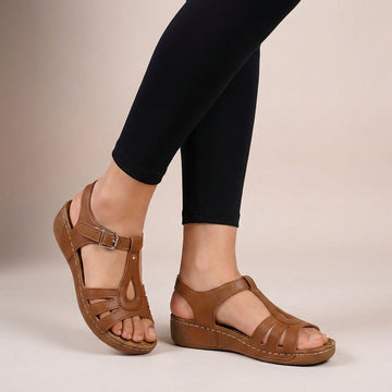 Fitted T-Strap Flat Sandals with Buckle and Wedge Sole