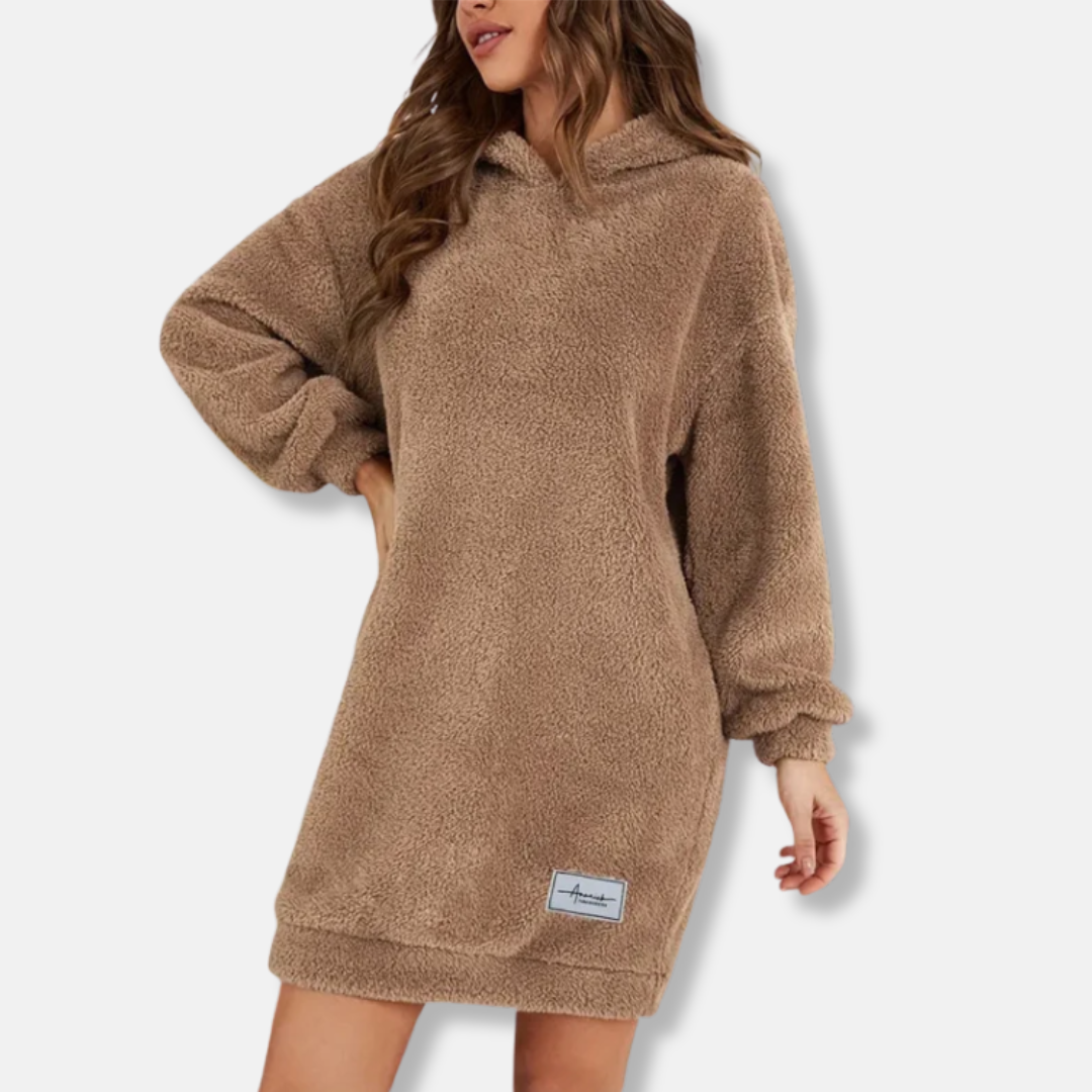 Women’s Hoodie Dress – Fleece Texture – Oversized Fit – Long Sleeve Casual Style