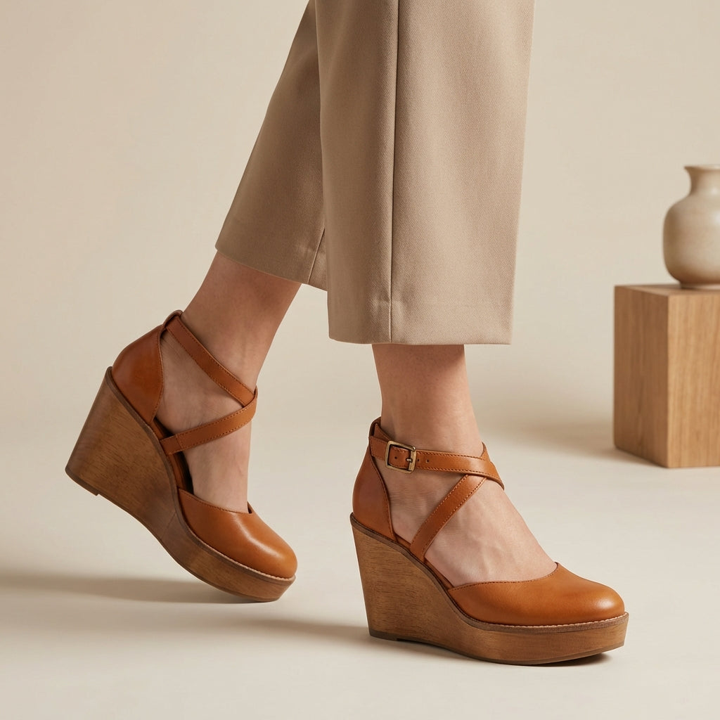Artisanal Closed-Toe Wood Platform Wedges - Elevated Summer Style for All-Day Wear
