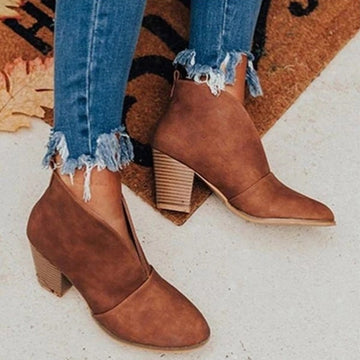 Women's Ankle Boots - Almond Toe - Chunky Stacked Heel - Slip-On Casual Wear