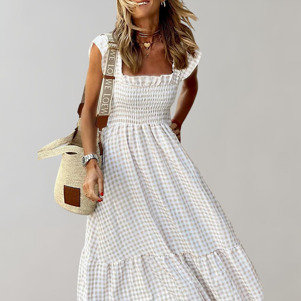 Women's Gingham Maxi Dress - Smocked Bodice - Square Neck - Ruffle Strap - Tiered Skirt