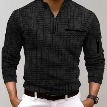 Men's casual checkerboard polo shirt with zipper