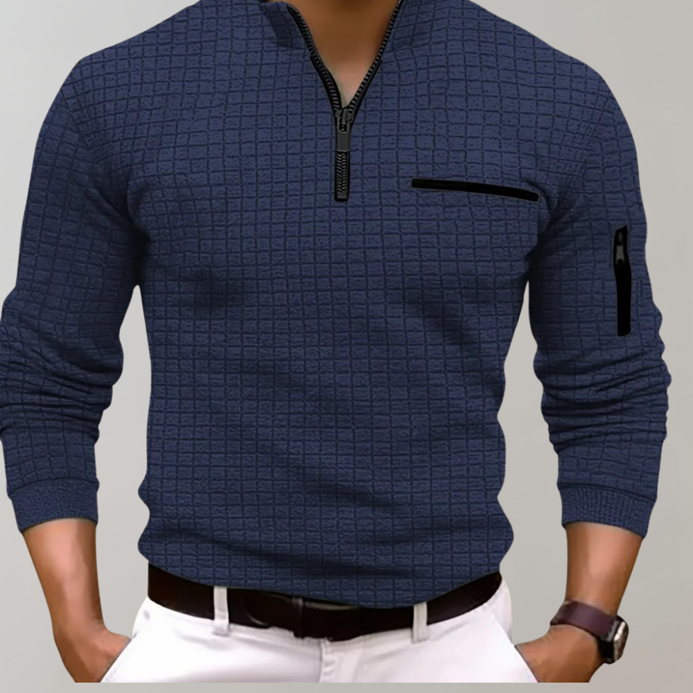 Men's casual checkerboard polo shirt with zipper