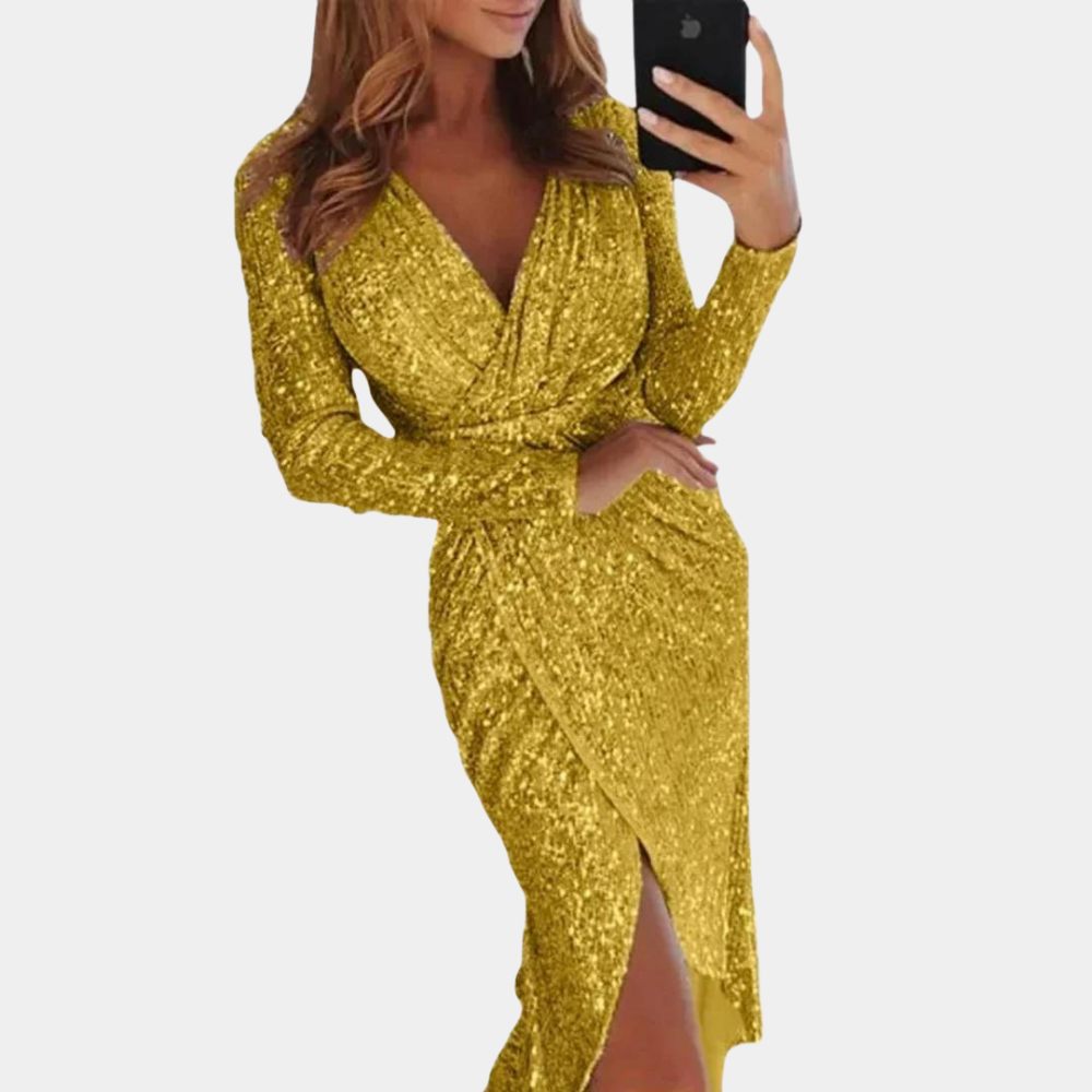 Women's Sequin Dress - Wrap Style - V-Neck - Long Sleeve - Fitted Silhouette - Slit Detail