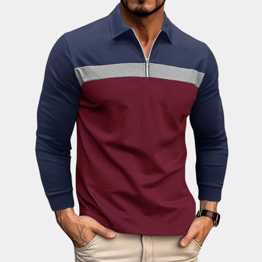 Men's long-sleeved polo shirt with a stylish stripe pattern and zipper