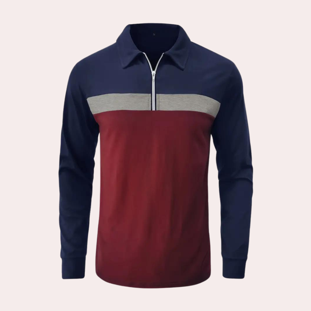 Men's long-sleeved polo shirt with a stylish stripe pattern and zipper