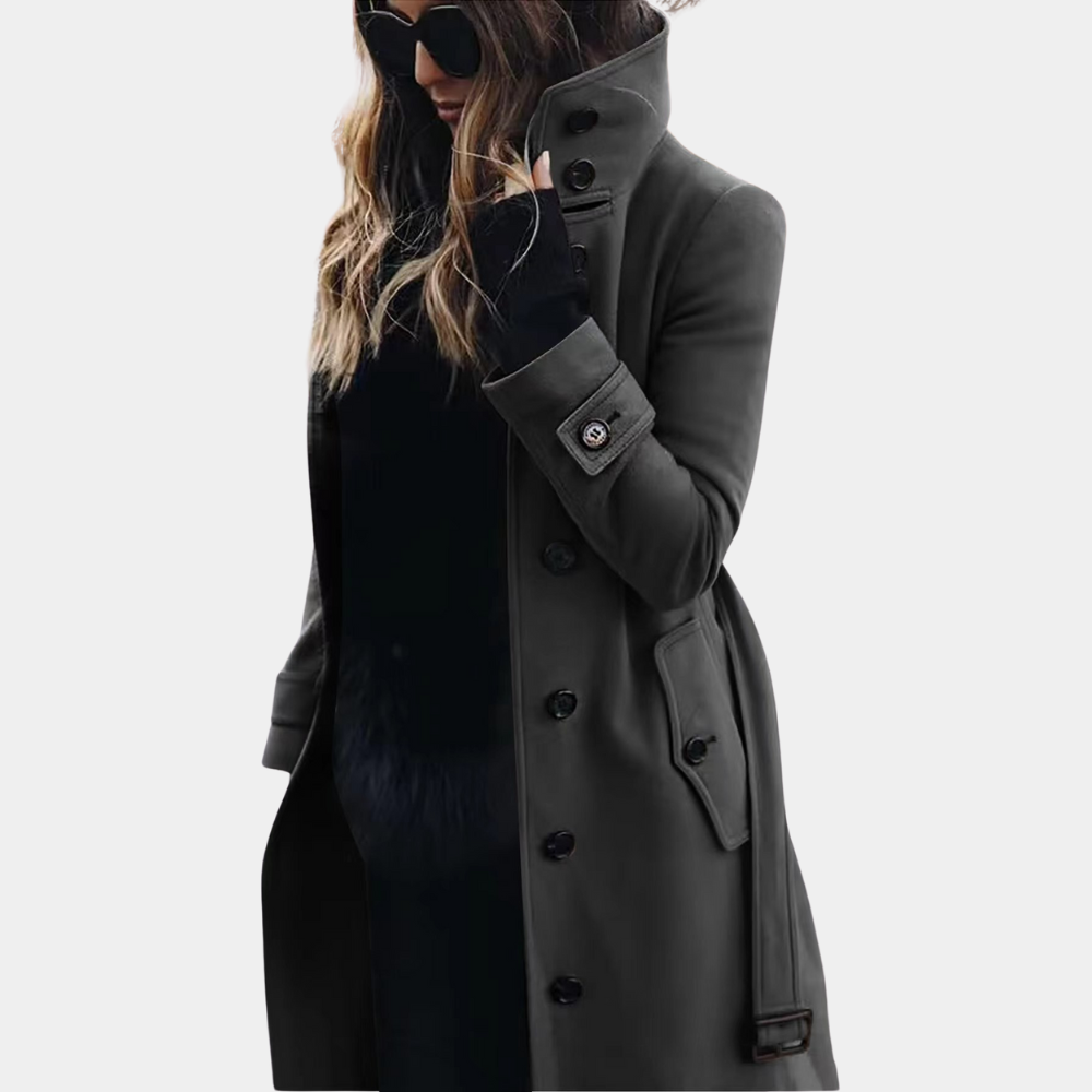 Women's Trench Coat - Double-Breasted - Belted Waist - Knee-Length Classic Fit