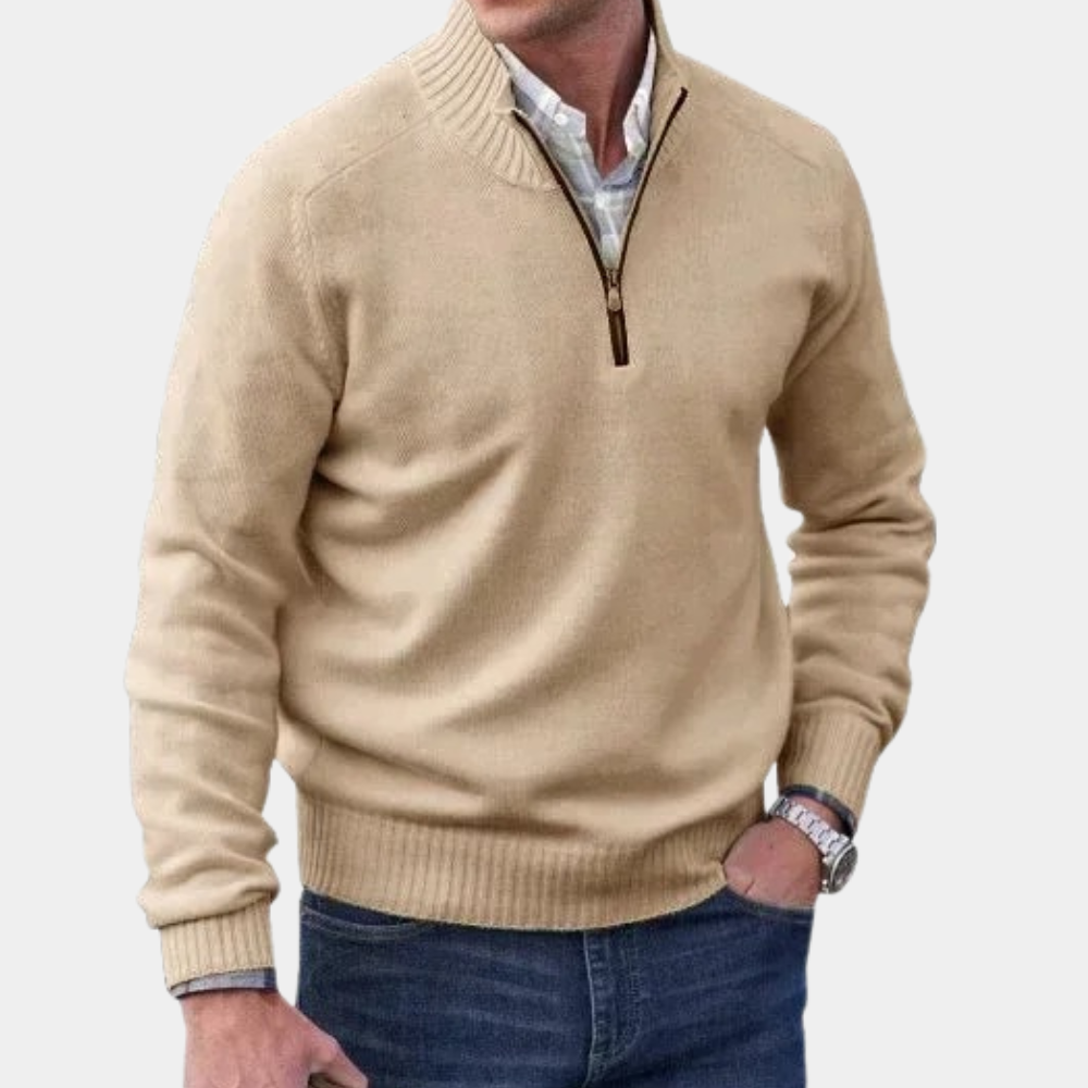 Men's wool zip-up casual sweater with stand collar