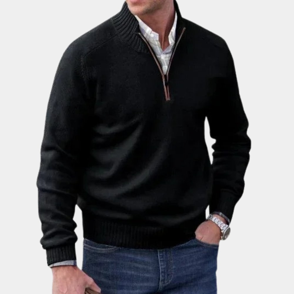 Men's wool zip-up casual sweater with stand collar