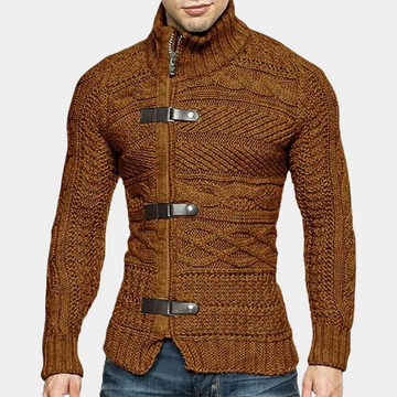 Men's stylish slim fit cable knit cardigan with leather buckles