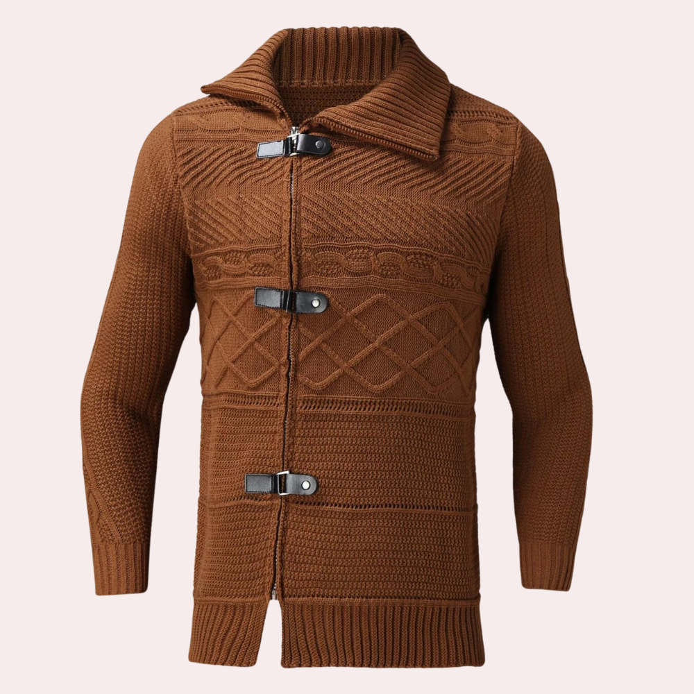 Men's stylish slim fit cable knit cardigan with leather buckles