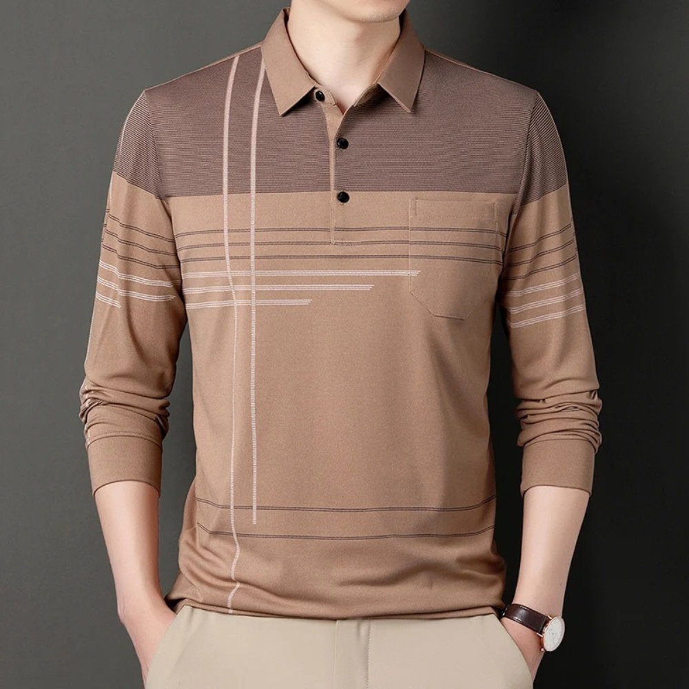 Men’s long sleeve striped business casual polo shirt