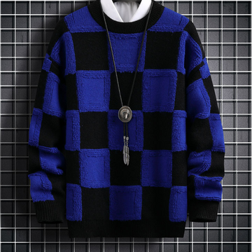 Luxurious long sleeve men's plaid crew neck sweater