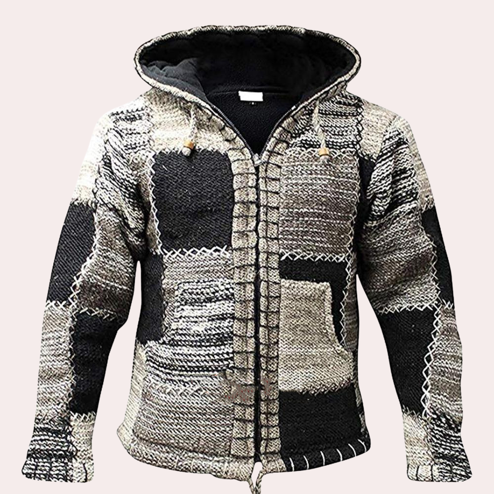 Men's hooded patchwork knitted casual jacket