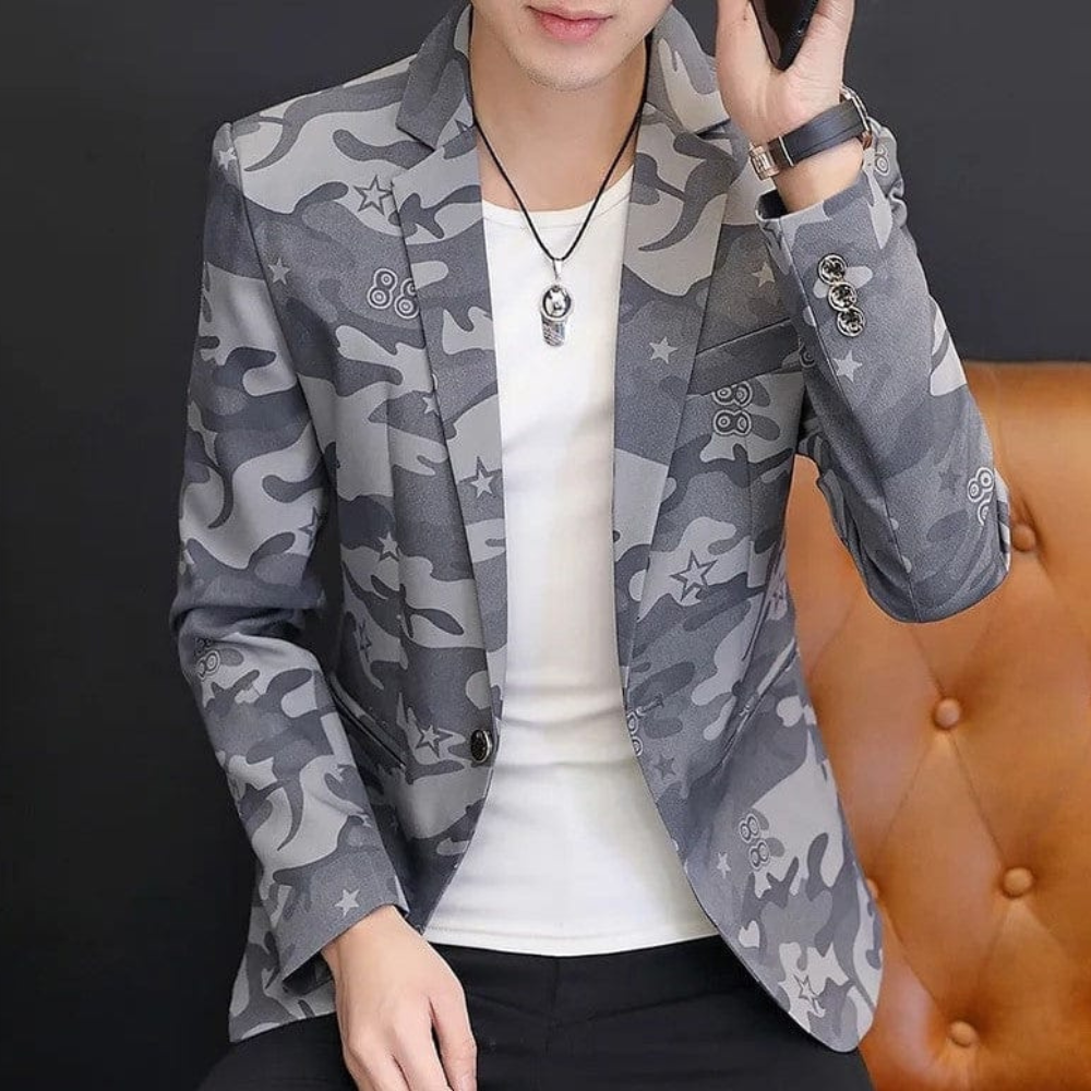 Men's casual slim fit camouflage jacket with suit collar