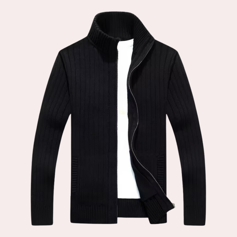 Trendy men's zip-up cardigan sweater with velvet lining