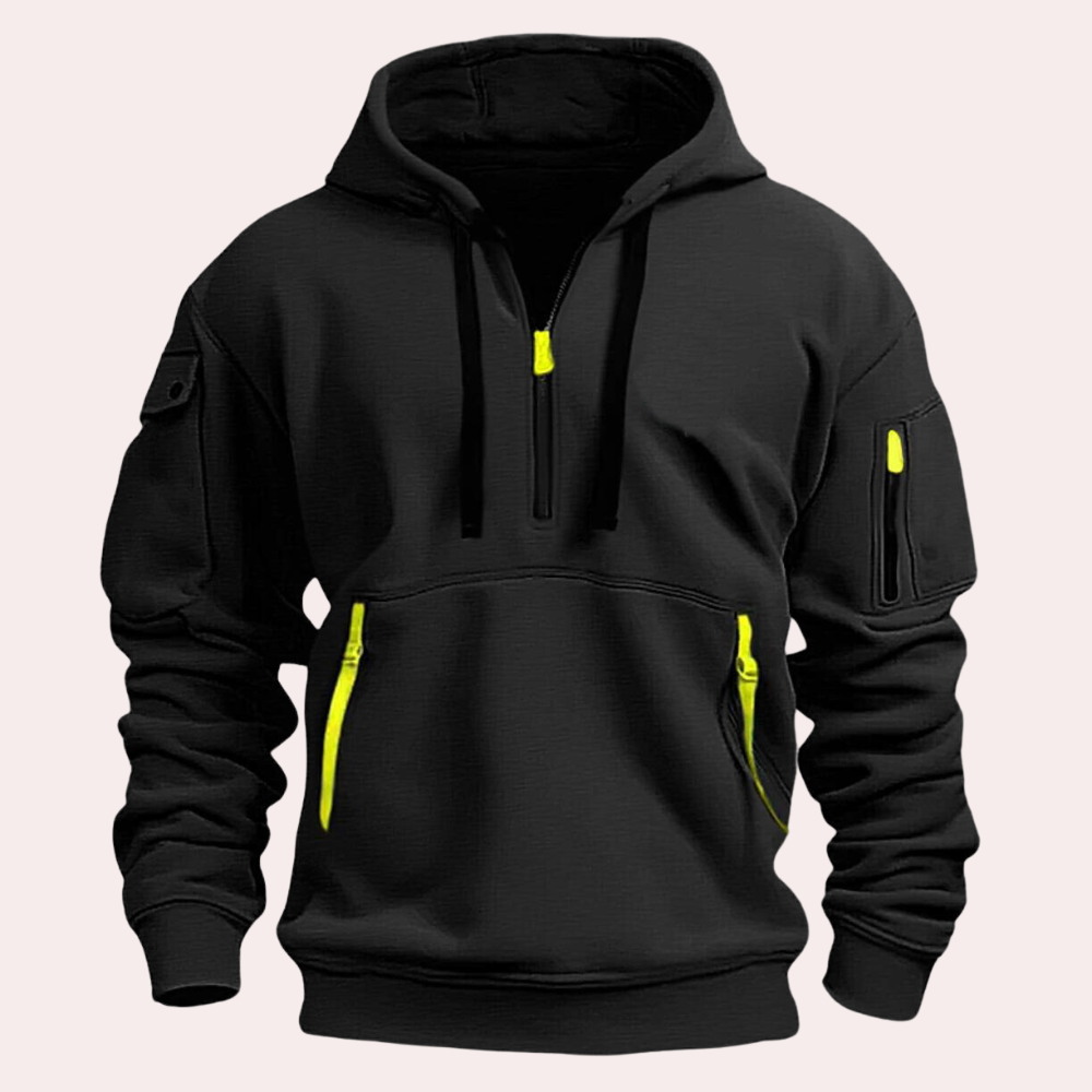 Men's casual hooded zipper sweatshirt with v-neck design