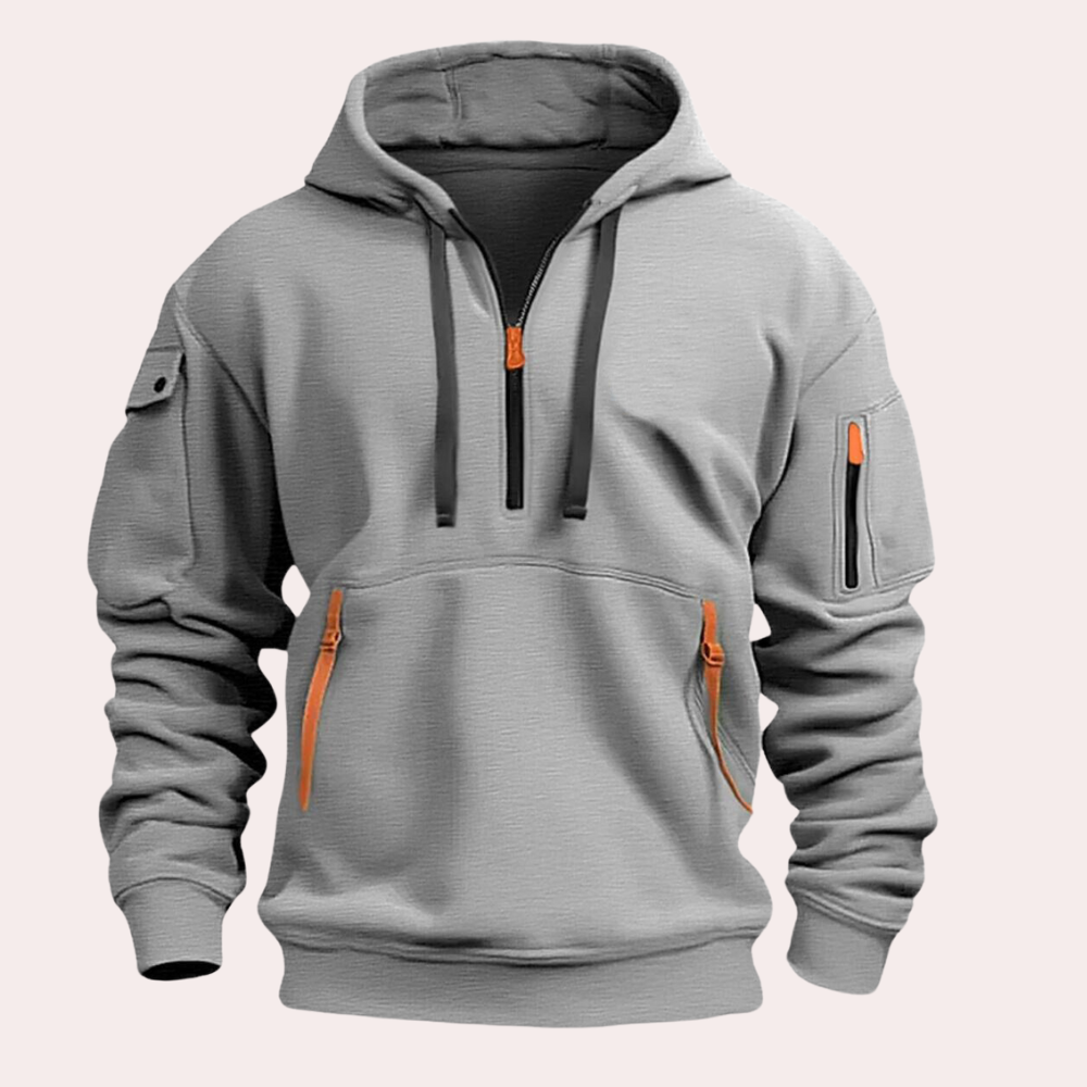 Men's casual hooded zipper sweatshirt with v-neck design