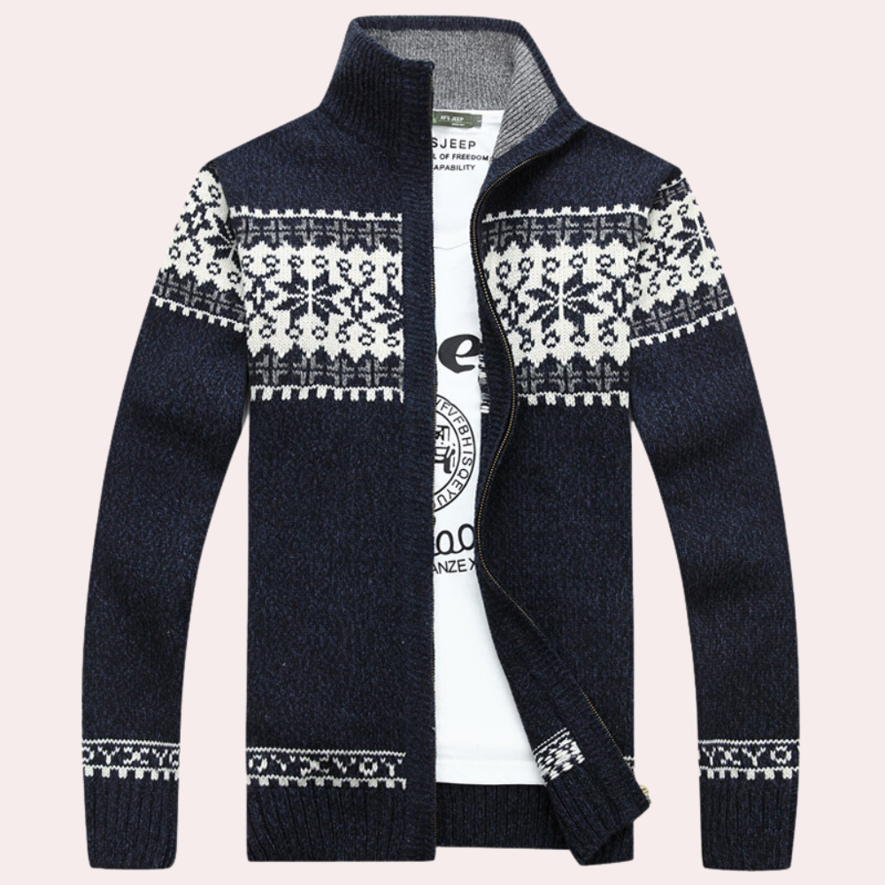 Men's zipper jacquard slim stand collar sweater