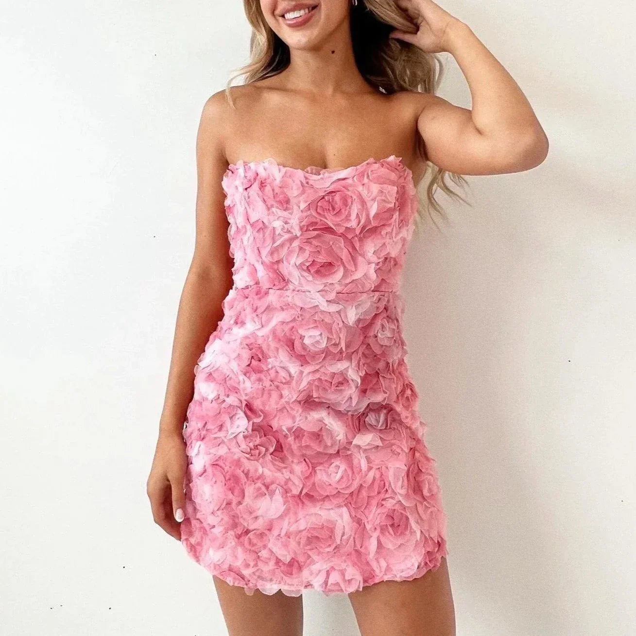 Women’s Strapless Mini Dress – Fitted Silhouette – 3D Floral Texture – Elegant Party Wear