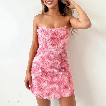 Women’s Strapless Mini Dress – Fitted Silhouette – 3D Floral Texture – Elegant Party Wear