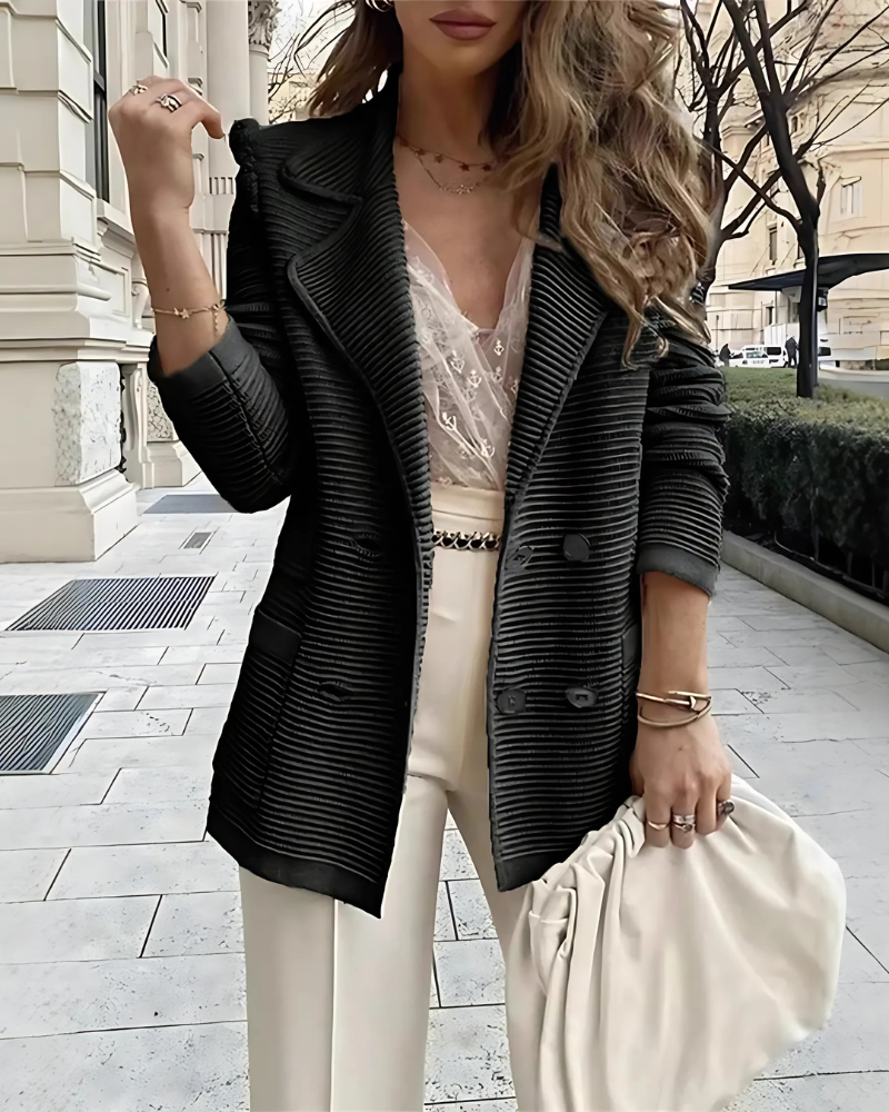Women’s Blazer – Ribbed Knit – Relaxed Fit – Double-Breasted – Wide Lapel – Long Sleeve