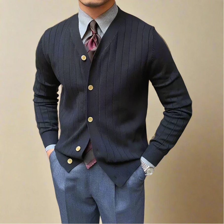 Men's button-up cardigan with gold-tone buttons