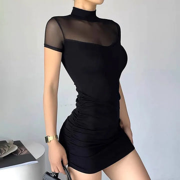 Women's Bodycon Mini Dress - Sheer Mesh Top - High Neck - Ruched Short Sleeve Fit