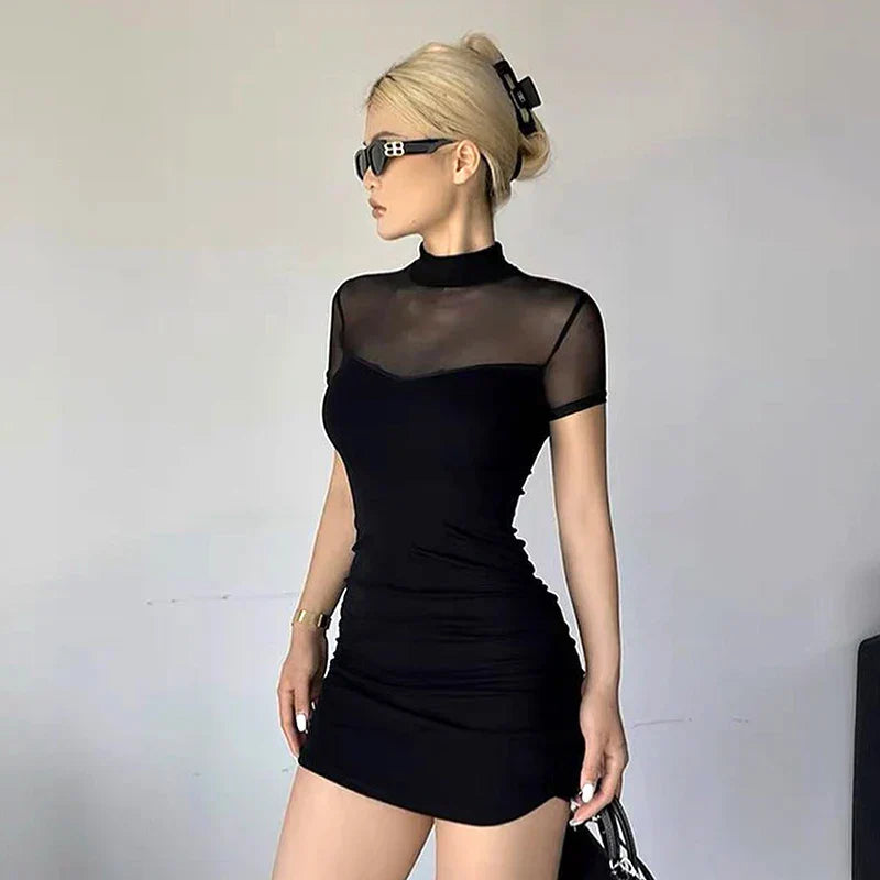 Women's Bodycon Mini Dress - Sheer Mesh Top - High Neck - Ruched Short Sleeve Fit