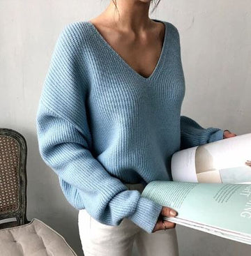 Women's V-neck loose knitted winter sweater