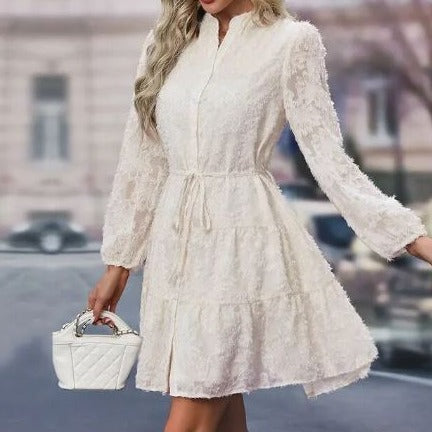 Women's Lace Midi Dress - A-Line Silhouette - Long Sleeve Belted Shirt Dress