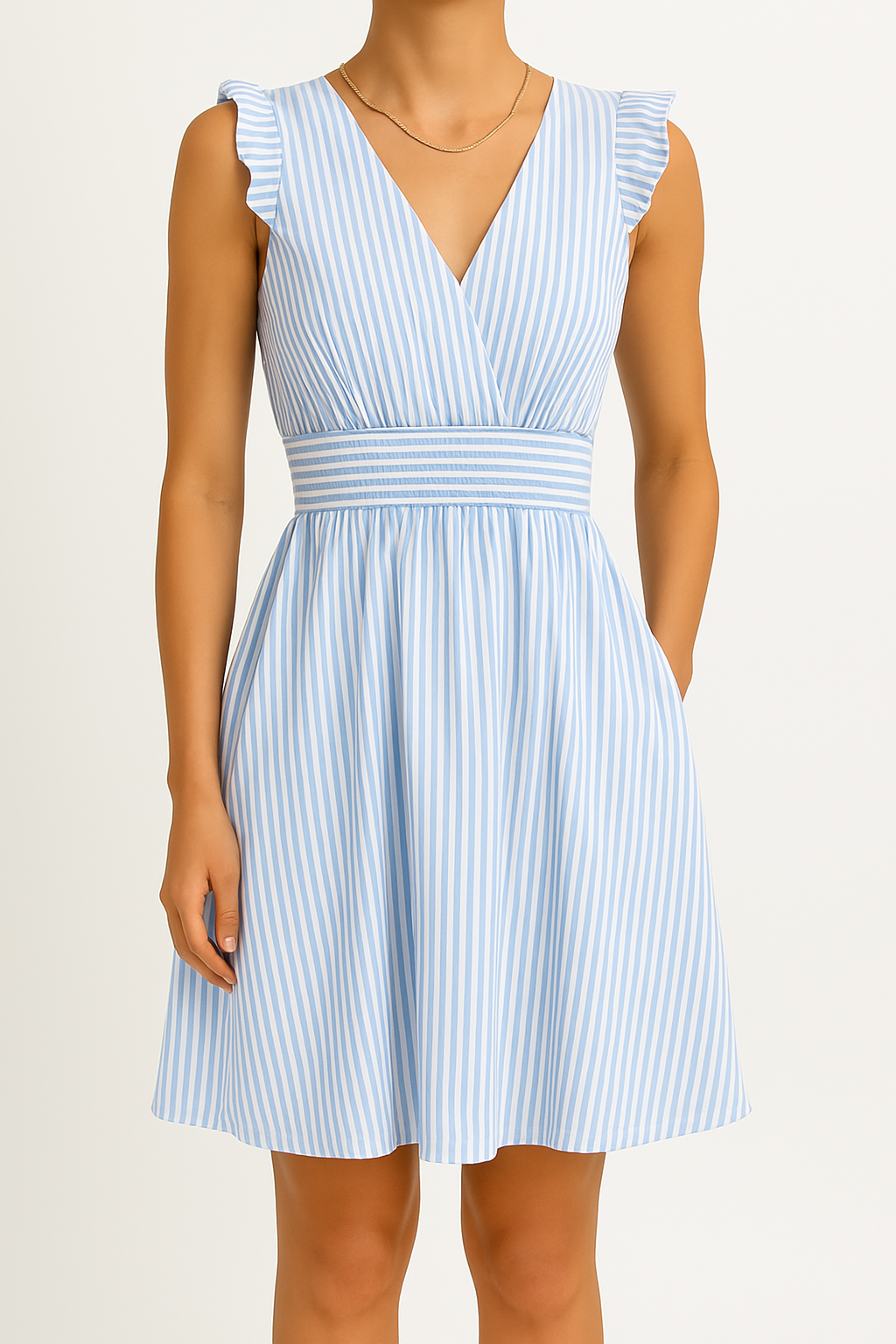 Women’s Midi Dress – V-Neck – Flutter Sleeve – Cinched Waist – A-Line Fit – Striped
