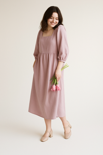 Women’s Midi Dress – Lightweight Cotton – Loose Fit – Square Neck – Empire Waist