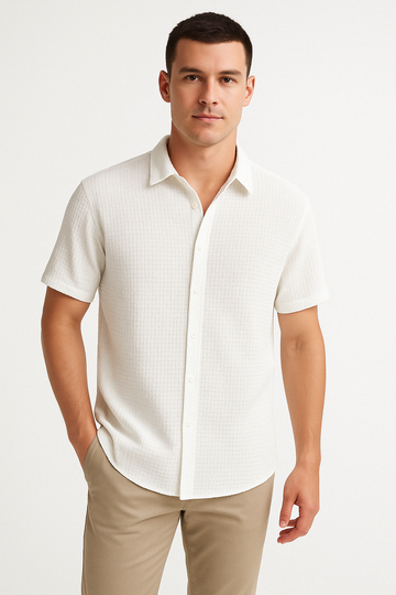 Men’s Short Sleeve Shirt – Cotton Blend – Regular Fit – Textured Button-Front Casual