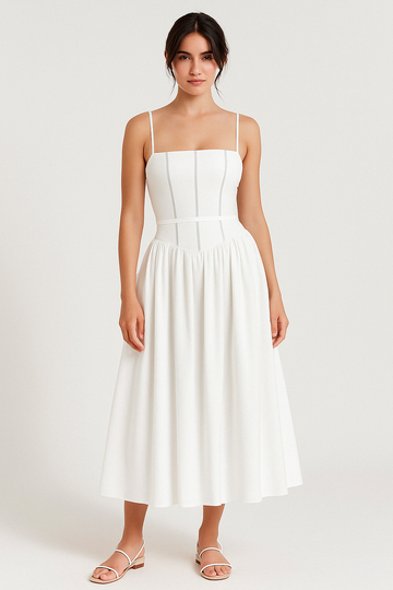 Women’s Midi Dress – Slim Fit Bodice – Square Neck – Spaghetti Straps – Flared Skirt