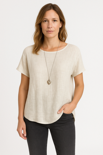 Women’s T-Shirt – Linen Blend – Loose Fit – Short Sleeve – Round Neck Casual Top