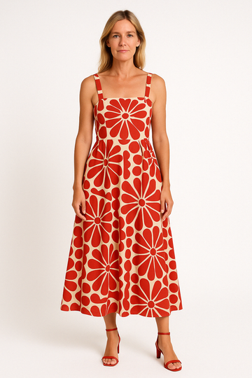 Women’s Sundress – Cotton Blend – Fitted Bodice – A-Line Midi – Spaghetti Straps