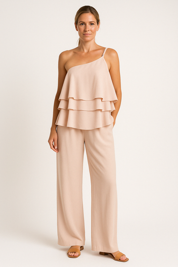 Women’s Two-Piece Set – Asymmetrical Ruffle Top – Wide-Leg Flowy Pants – Soft Fabric